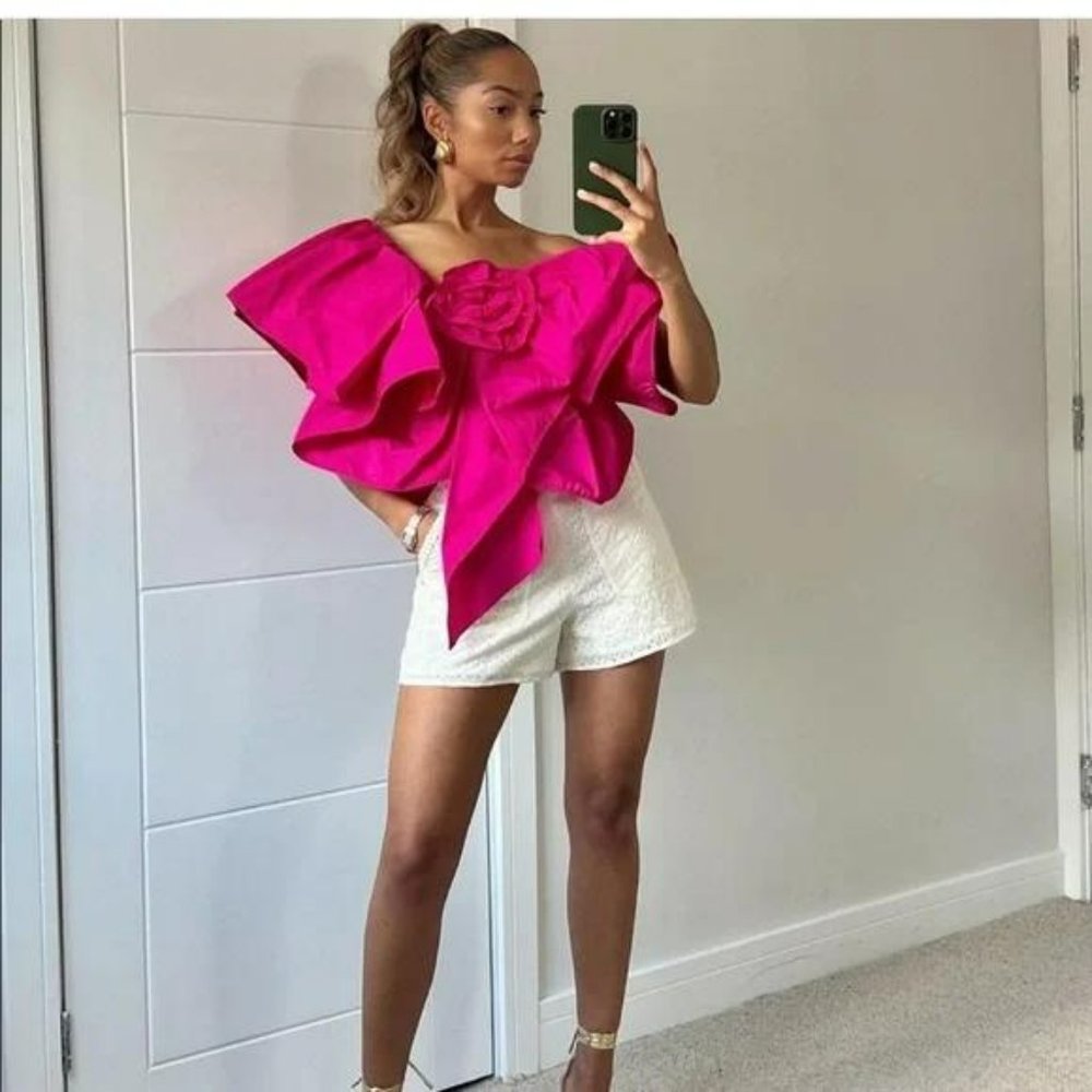ZARA PINK VOLUMINOUS RUFFLE ASYMMETRIC TOP